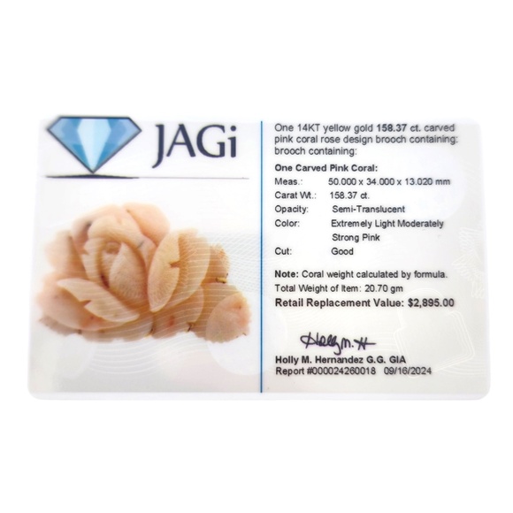 14 Karat Yellow Gold Carved Pink Coral Rose Brooch Pendant #19040 - Picture 11 of 11
